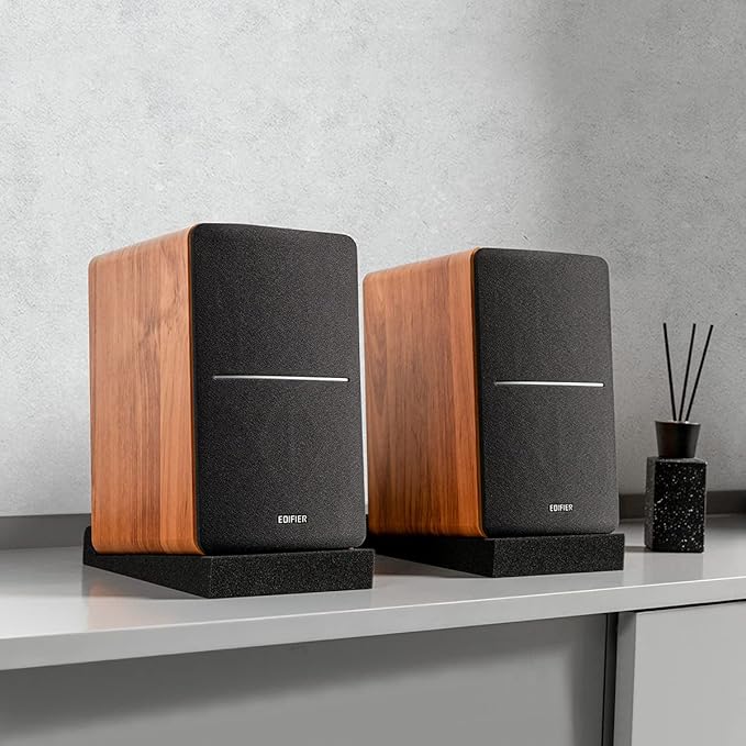 SS5 Studio Monitor Isolation Pads, High-Density Acoustic Foam Tilted Tabletop & Desktop Speaker Stands for Midsize Bookshelf Computer Speakers, Prevent Vibrations & Fits most Speaker, Black - Pair