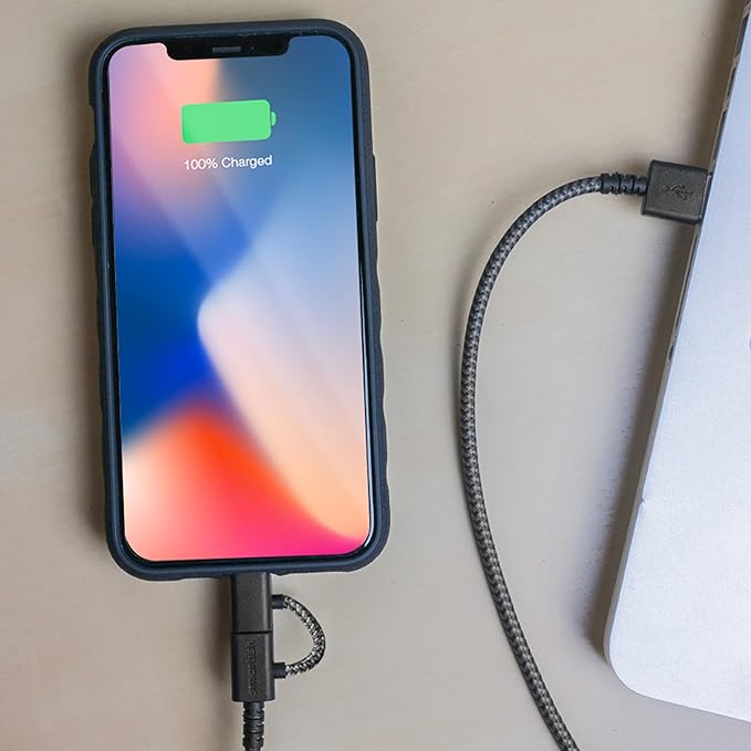 Smartish USB-C/Lightning Cable for iPhone 16/15/14 - Crown Joule - 6 Foot Universal Fast Fabric Wrapped Charging Cable w/Micro-USB - Apple MFi Certified for iPhone 13/12/SE/iPad/AirPods/Android - Tan