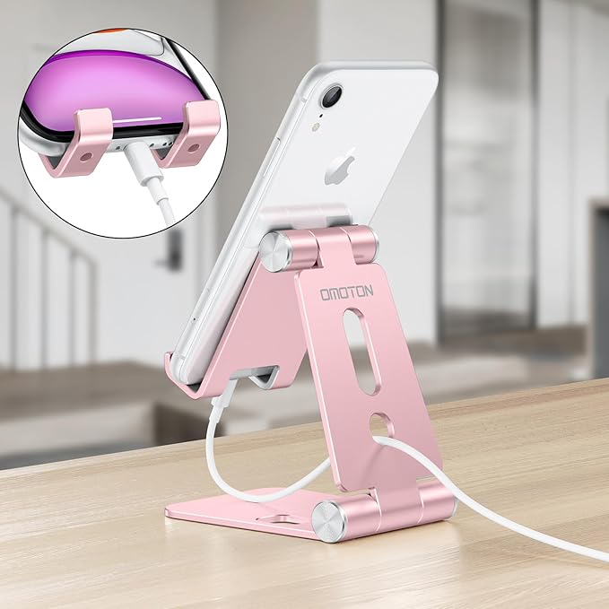 OMOTON Foldable Cell Phone Stand, C4 Portable Aluminum Phone Holder, Adjustable Phone Dock Cradle Compatible with iPhone 16/15/14/13 Pro Max, Samsung Galaxy, Small Tablets, All Smart Phones, Rose Gold