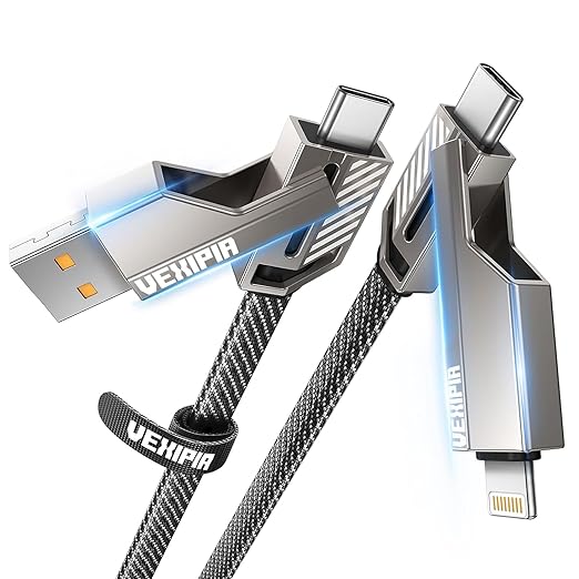 [Upgraded] 4-in-1 USB C Cable 60W 5FT Lightning Cable Fast Charging Flat Nylon Braided for iPhone iPad Charger Cord [480Mbps Data Sync] Multi Charge Wire Combo with Lightning/Type C/USB A Port