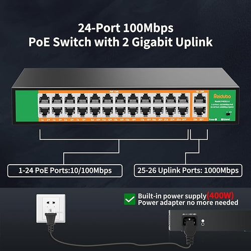 24 Port PoE Switch with 2 Gigabit Ethernet Uplink Port, Support IEEE802.3af/at, 400W High Power, Fanless, Plug and Play Unmanaged, Rackmount Ethernet Switch