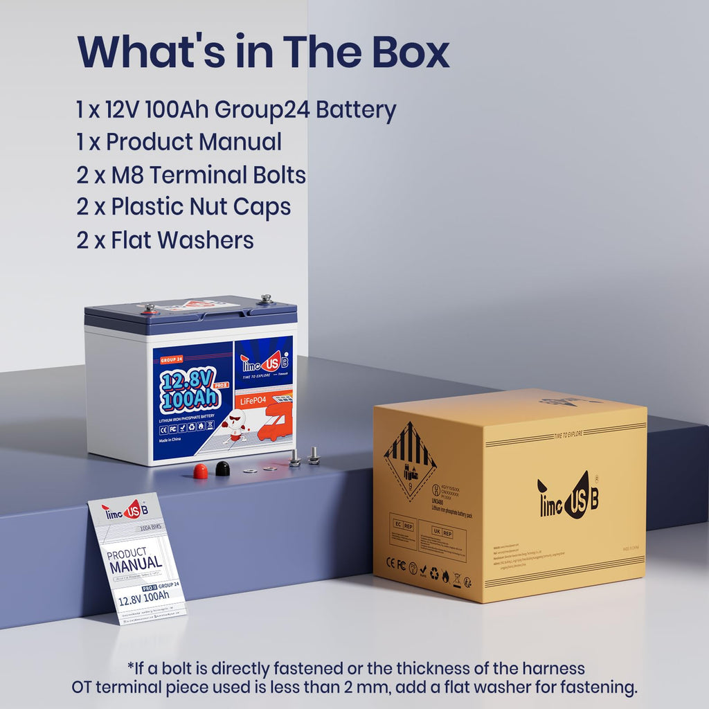 Timeusb 12V 100Ah LiFePO4 Lithium Battery Built-in 100A BMS. Automotive-Grade Cells, Group 24 Deep Cycle Lithium Batteries for RVs, Trolling Motors, Camper, Travel Trailers (4-Pack)