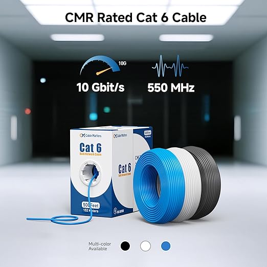 Cable Matters [UL Listed] 10Gbps in-Wall Riser Rated (CMR) 23AWG Bare Copper Cat6 Ethernet Cable - 500ft, Cat 6 Ethernet Cable Spool, Cat 6 Cord Bulk, Blue