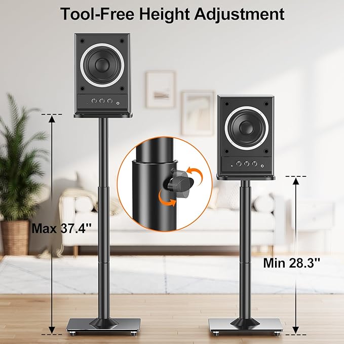 ELIVED Universal Speaker Stands Height Adjustable 28"-37.4", Bookshelf Speaker Stand Pair for Satellite Studio Large Speakers Up to 22 lbs, Surround Sound Speaker Stand with Cable Management, Black