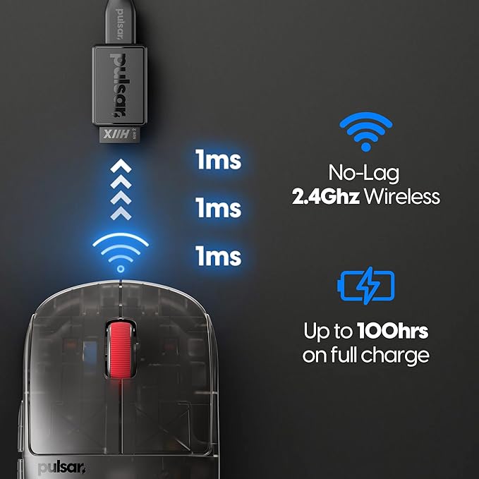 Pulsar Gaming Gears - Super Clear Limited Edition: X2H Wireless Gaming Mouse, Symmetrical, Ultra Lightweight 1.90 oz (54g), PAW3395 26k DPI, Optical Switch (Medium, Clear Black)
