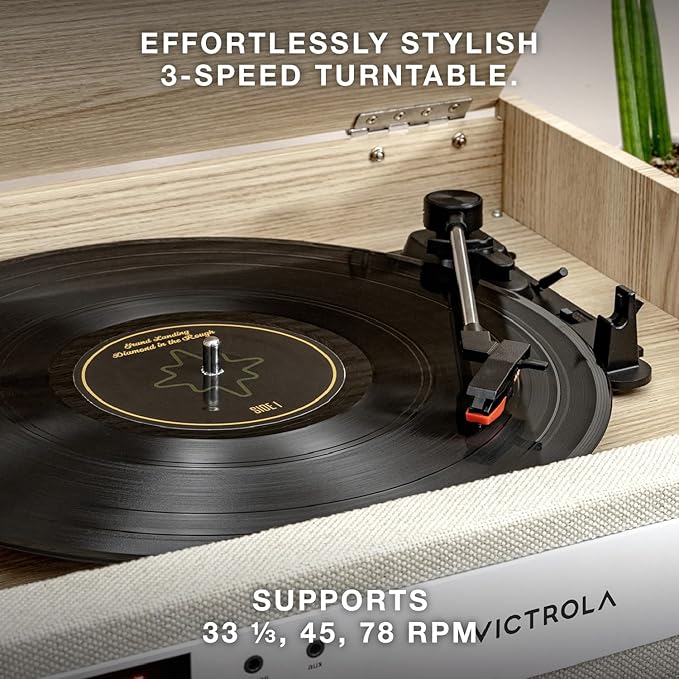 Victrola Century 6-in-1 Vinyl Record Player & Music Center – 3-Speed Turntable, CD & Cassette Player, VINYLSTREAM, Bluetooth & 3.5mm Aux, Record Player with Speakers, Mid Century Design (Black)