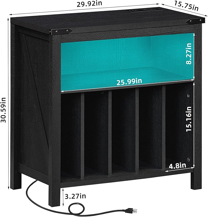 Large Record Player Stand with Charging Station & LED Lights, Vinyl Records Storage Holder Cabinet Holds up to 230 Albums, Turntable Stand for Music Room, Bedroom, Living Room, Office (Black)