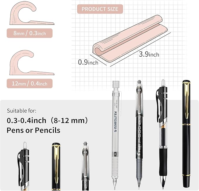 ELETIUO Pencil Holder For Most Pens,Pencils,Self-Adhesive Stick To Notebooks,Diary,Desks,Whiteboards Or Any Surface,Silicone Pen Holder For Home,Office And Desk Organization,Pink