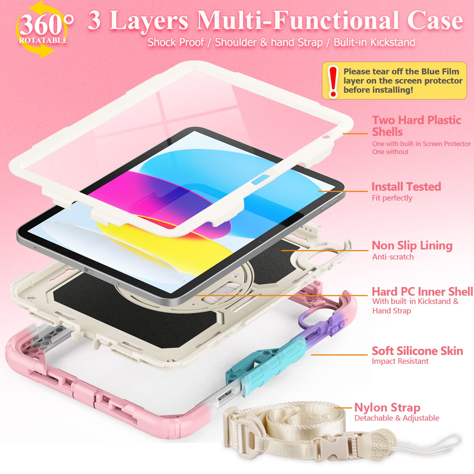 SEYMAC stock Case for iPad (A16) 11th/10th Generation 11''/10.9'' 2025/2022, Full-Body Drop Protection Case with Screen Protector &360° Rotate Hand Strap/Stand, Yellowish+Pink