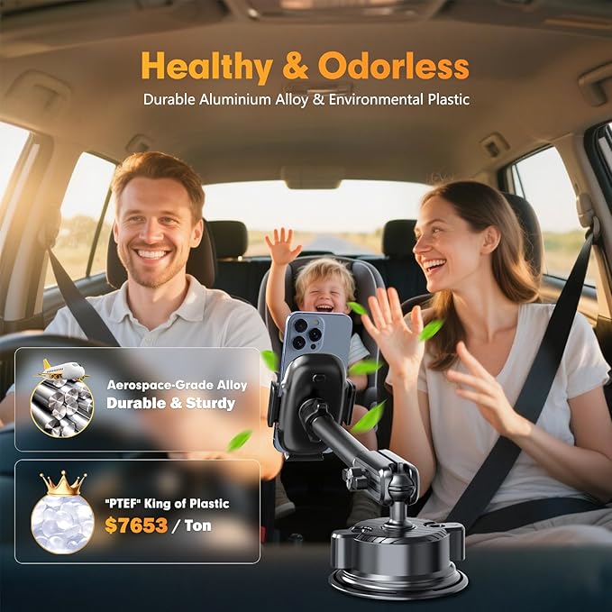 isuke Phone Holder for Your Car, [80+LBS Strongest Suction & Ultra-Durable] Aluminum Alloy Phone Holder for Car Dashboard Windshield, Car Phone Mount for iPhone Samsung & All 4-7 inches Smartphones