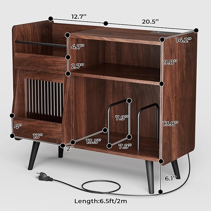 Large Record Player Stand with Sliding Door,350 Vinyl Record Storage Cabinet, Record Player Table with Power Outlet and LED Light,Turntable Stand with Wood Legs for Living Room,Office