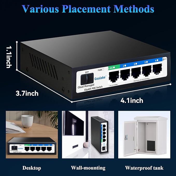 Poe Switch, 5 Ports Gigabit PoE Switch (4 Ports gigabit Switch + 1 gigabit uplink+ 1 SFP Slot) Cloud Managed Gigabit Ethernet Switch, 4 Poe Ports @52W, Web/APP Smart Managed, Remote Detection/Restart