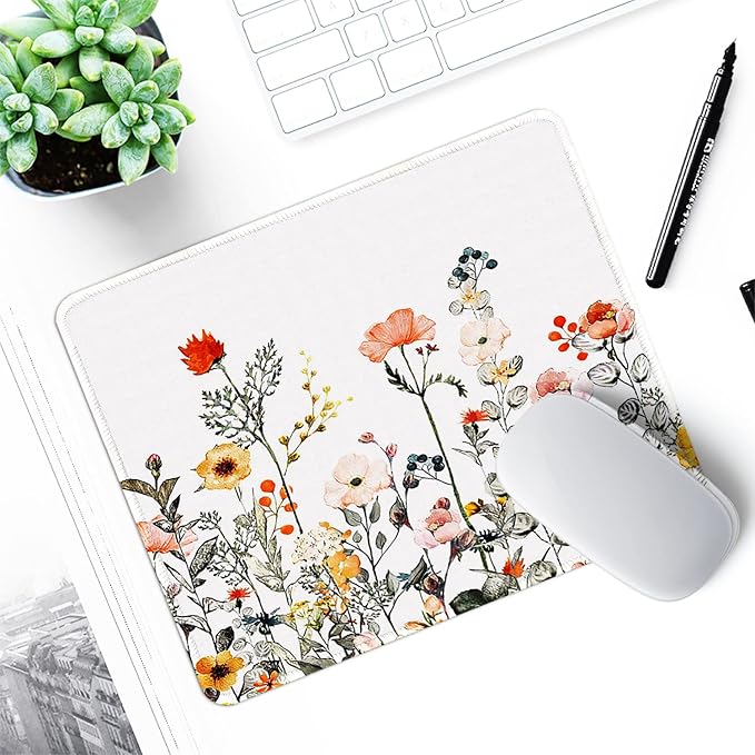 ITNRSIIET Mouse Pad with Stitched Edge Premium Textured Smooth Precise Operation Waterproof Washable Non-Slip Rubber Base Desktop Protection Mat, 10.2×8.3×0.12 inches, Wildflowers
