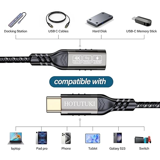 USB-C Extension Cable 6.6ft, 20Gbps Data Transfer, 4K@60Hz, 240W Charging, Male to Female Compatible with Cell Phone Cord Extension