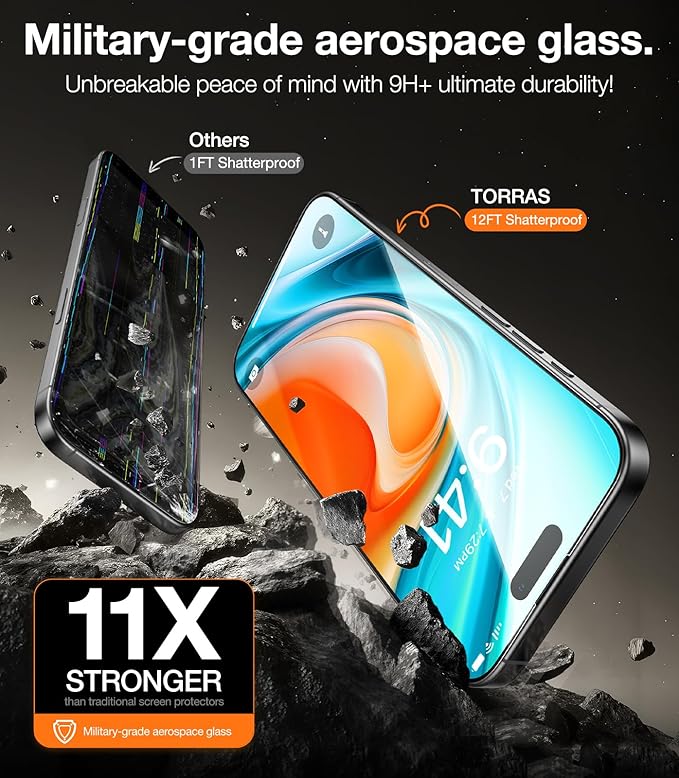 TORRAS Military-Grade Shatterproof for iPhone 16 Pro Screen Protector [9H+ Aerospace Tempered Glass＆ One-Step Installation] Full Coverage Fit Bubble Free Top-Notch Protection, 2 Pack, GlassGo X