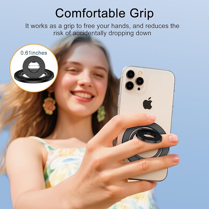 3-Fold Magnetic Phone Ring Holder, Double-Sided MagSafe Phone Grip & Stand, 360° Rotatable Kickstand for iPhone 16/15 Pro Max,14/13/12 Series,for Magnetic Car Mount, with Metal Ring for All Phones