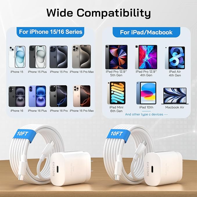 30W USB C i Phone 16 15 Charger Fast Charging, 2PACK Wall Charger for iPhone 16 15 Pro Max Charger Cord 10FT Fast Type C Charger Block for iPhone 16/16 Pro/15 Plus/15 Pro/15 Pro Max,i Pad Pro/Air/Mini