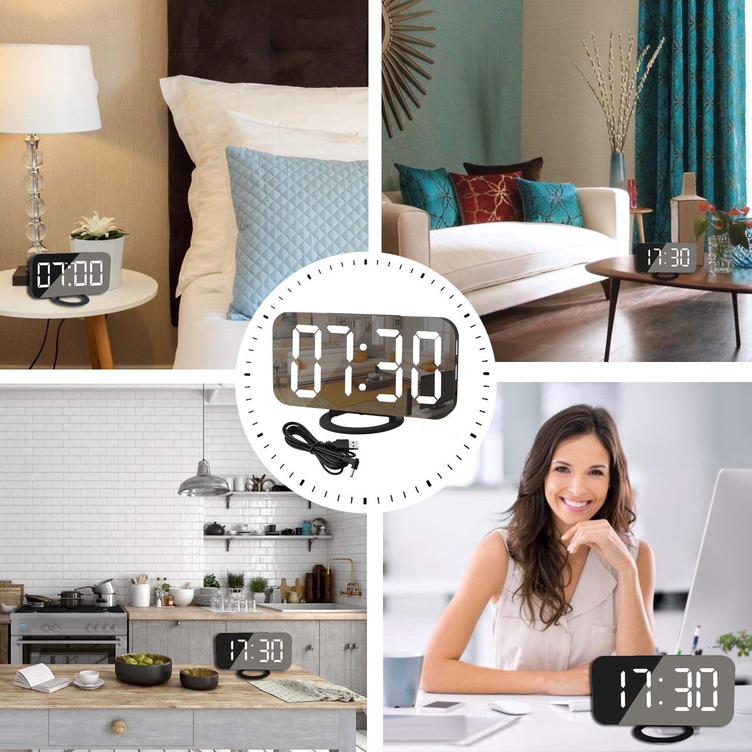 SZELAM Digital Clock Large Display, LED Alarm Electric Clocks Mirror Surface for Makeup with Diming Mode, 3 Levels Brightness, Dual USB Ports Modern Decoration for Home Bedroom Decor-Black