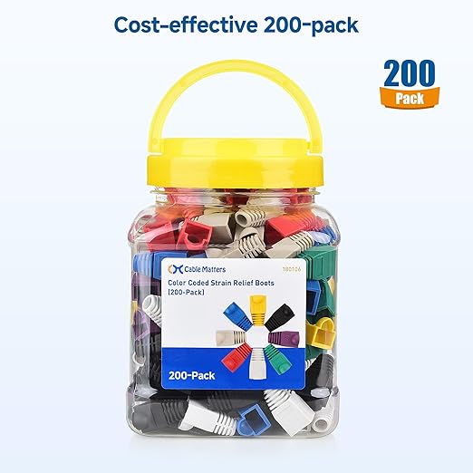 Cable Matters 200-Pack Cat6 / Cat5e RJ45 Strain Relief Boots, RJ45 Boot, Cat 6 Ethernet Boots, Multicolored, Fits 6.5mm (0.25in) Ethernet Cables