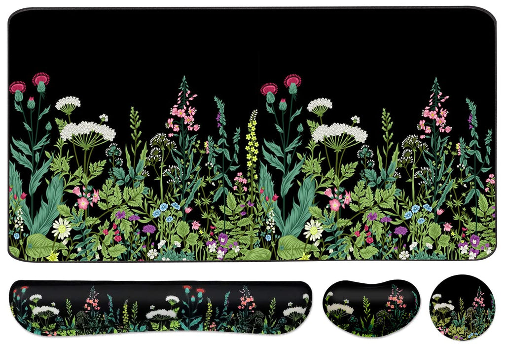 Keyboard Mouse Pad Set, Extended Mouse Pad+Keyboard Wrist Rest Support, Memory Foam Ergonomic Easy Typing, 3Pcs (35.4×15.7 in) Desk Pad Set for Home Office Study Game - Weeds