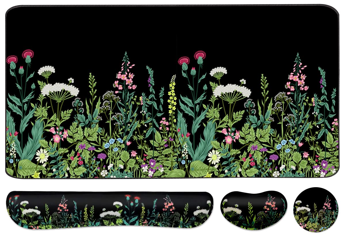 Keyboard Mouse Pad Set, Extended Mouse Pad+Keyboard Wrist Rest Support, Memory Foam Ergonomic Easy Typing, 3Pcs (35.4×15.7 in) Desk Pad Set for Home Office Study Game - Weeds