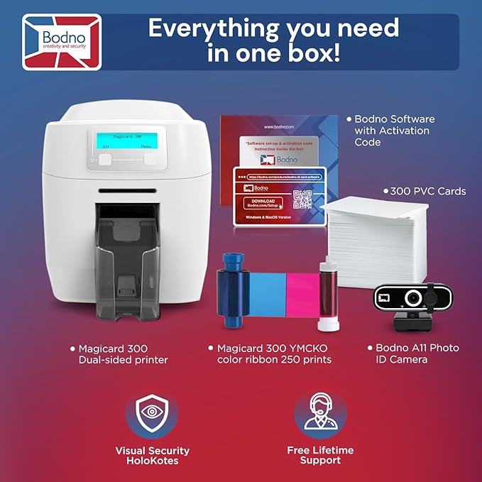 Bodno Magicard 300 Dual Sided ID Card Printer & Complete Supplies Package ID Software - Silver Edition