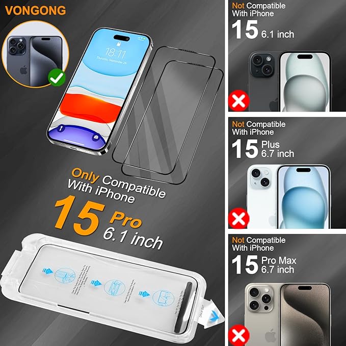 iPhone 15 Pro Screen Protector,Durable and Drop-Proof with 9H Hardness,Bubble-and-Dust-Free 15 Pro HD High-Aluminum Tempered Glass,Easy Installation Exclusively,2 Pack