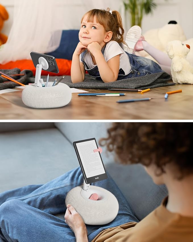 Viozon Phone Holder for Bed, Magnetic Pillow Stand, Compatible with 4-7" Phone/Kindle with Small Storage, Removable Suction Base for Stability, Idea for Kindle Reading and Video Watching On Bed,White