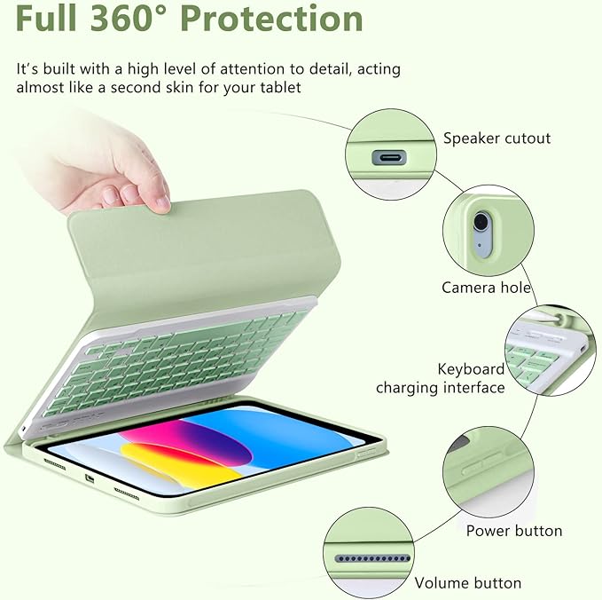 MMK iPad A16 Case (2025, 11"), iPad 10th Generation Case with Keyboard (2022, 10.9"), Wireless Detachable Keyboard, Pencil Holder (Green)