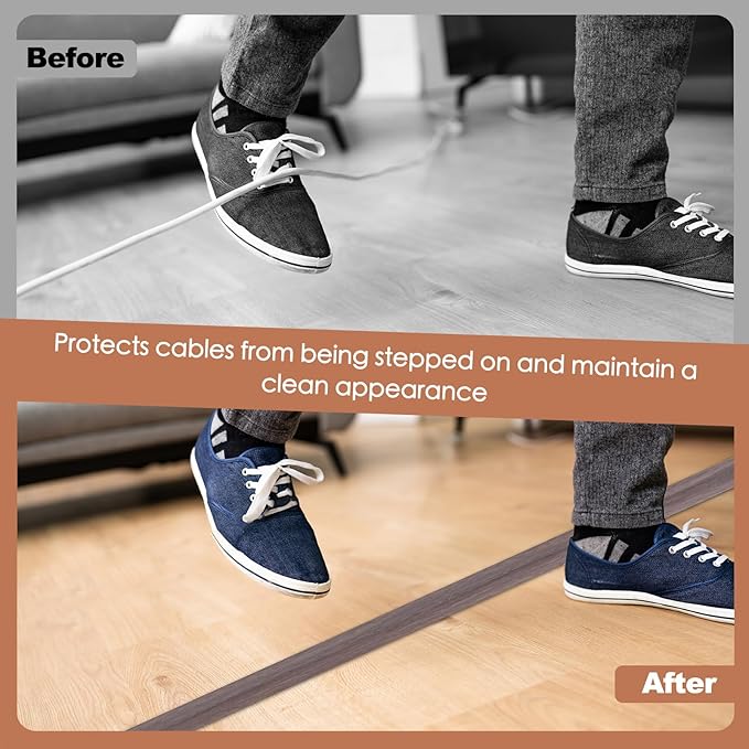 Floor Cord Cover for Wires on Floor Self Adhesive Cord Hider Floor Cable Management Wire Covers for Cords Protector Prevent Cable Trips Cord Cavity W 0.47" x H 0.27", Grayish Brown Wood, 3.3Ft