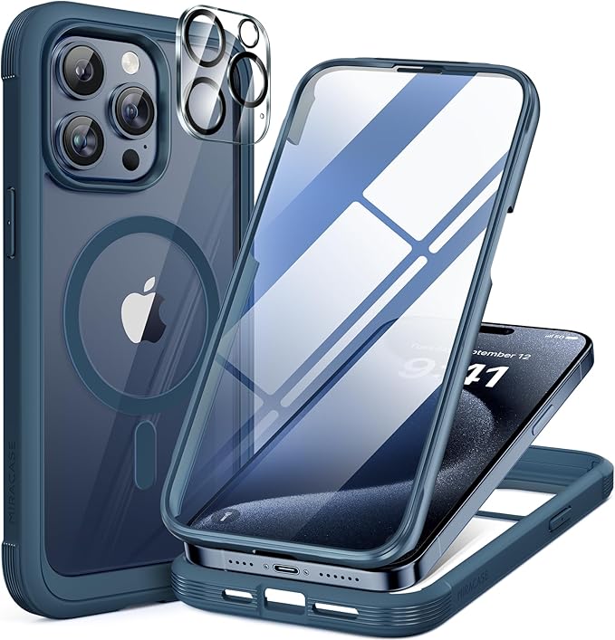 Miracase for iPhone 13 mini Case 5.4",Full-Body Protection,Clear Bumper Case with Built-in 9H Tempered Glass Screen Protector,Military-Grade Drop Protection Outdoor Phone Case for 13 mini,Dark Blue