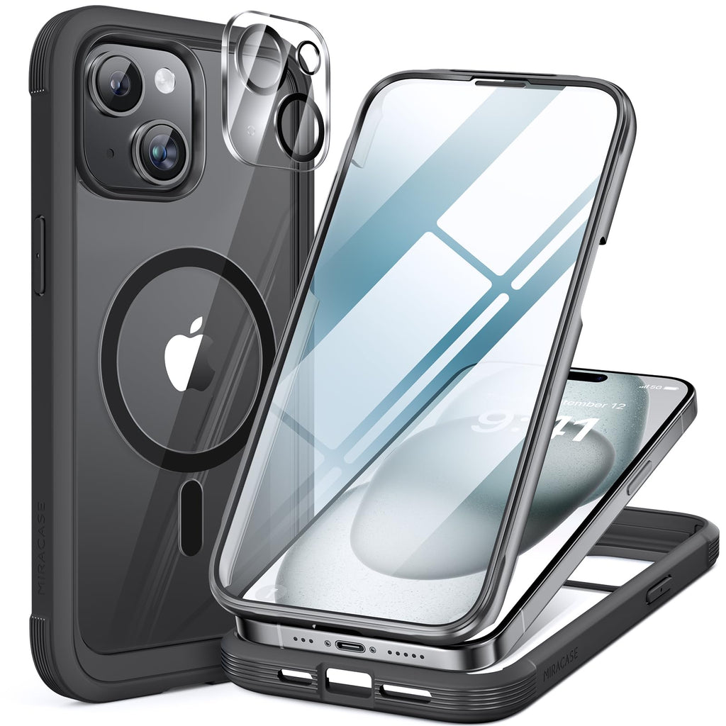 Miracase for iPhone 13 Case 6.1'',Full-Body Magnetic Clear Bumper Case with Built-in 9H Tempered Glass Screen Protector,Military Drop Protection Outdoor Phone Case — iPhone 15