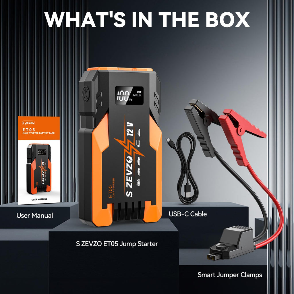 S ZEVZO ET05 Jump Starter 5000A Portable Car Jump Starter Battery Pack (7.2L Gas/ 5.5L Diesel), 51.8Wh 12V Jump Box with USB Ports, LCD Display and 3 Modes Flashlight