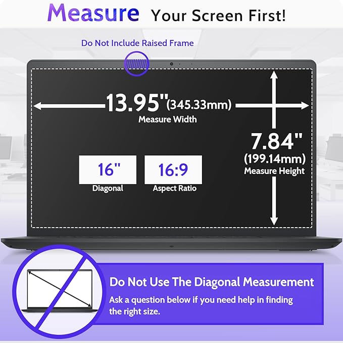16"&16.1" Laptop Privacy Screen Compatible with Lenovo Hp Dell Acer Asus Thinkpad Envy Xps Computer 16:9 Aspect, Removable Anti Glare Blue Light Filter Protector, Peslv 16 Inch Monitor Security Shield