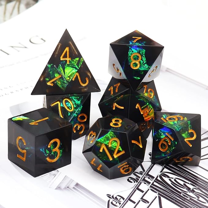 Haxtec DND Dice Set Black Sharp Edge Resin Dice with Dice Case Iridecent D&D Dice for RPG Compatible with Dungeons and Dragons DND Gift-Black Galaxy