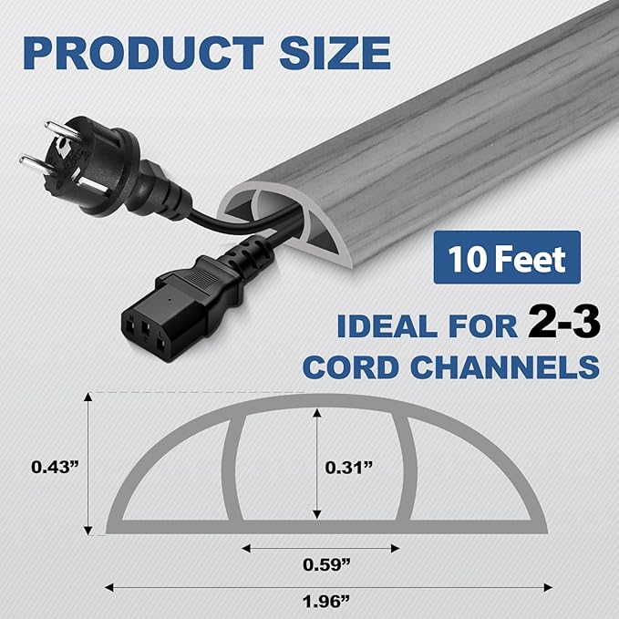 Floor Cord Cover for Wires on Floor Self Adhesive Cord Hider Floor Cable Management Wire Covers for Cords Protector Prevent Cable Trips Cord Cavity W 0.59" x H 0.31", Gray Wood, 10Ft