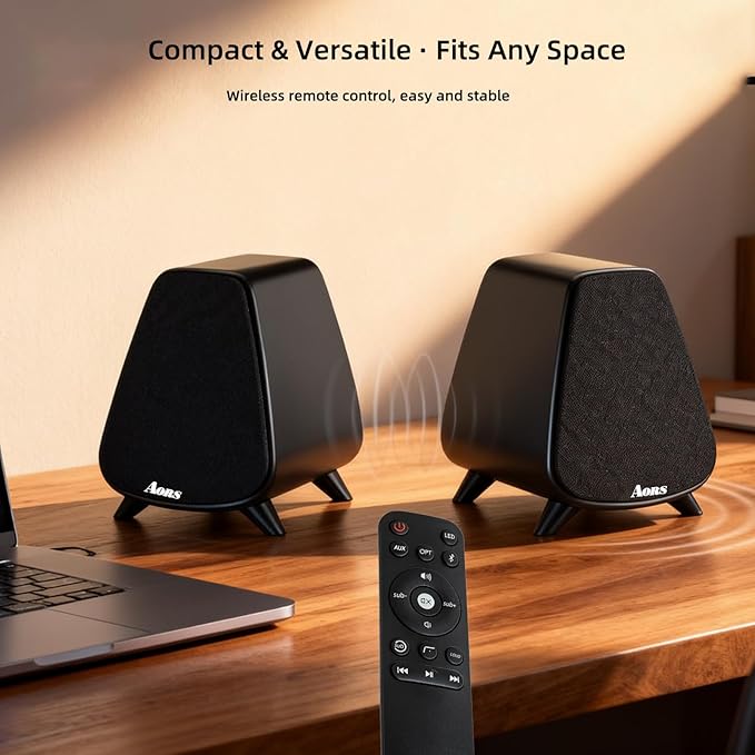 AS31 Active Bookshelf Speakers – 80W RMS 2-Way Stereo / 3″ Long-Stroke Woofer & 20 mm Silk Dome Tweeter – Bluetooth 5.3, RCA + Optical Inputs, Sub-Out & Remote Control – Wooden（Black）