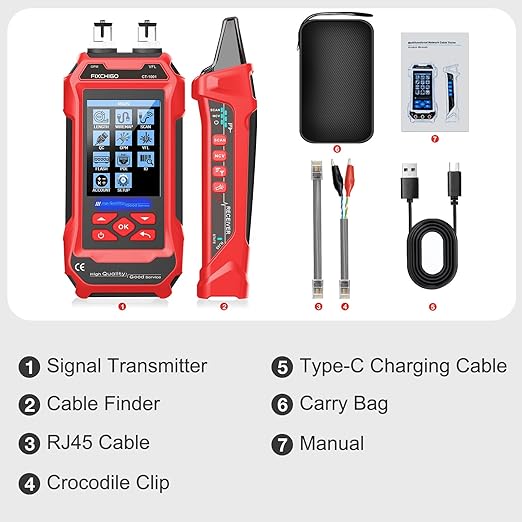 10 in 1 Network Cable Tester with 7 Wavelengths OPM 10Km/10mW VFL 600M Measurable Length 100 Records Tool Kit for CAT5 CAT6 Telephone Ethernet RJ11 RJ45 PoE Wire Tracer NCV, Red