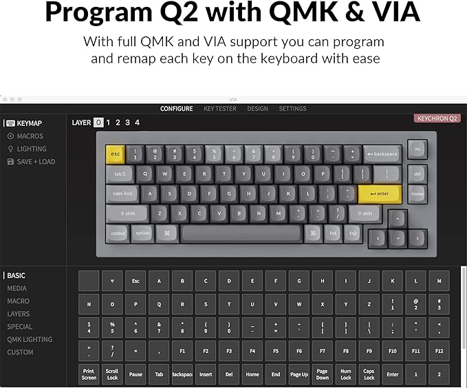 Keychron Q2 Wired Custom Mechanical Keyboard, QMK/VIA Programmable Macro, Full Aluminum, Hot-Swappable Gateron G Pro Blue Switch, 65% Layout Double Gasket Compatible with Mac and Windows - Grey