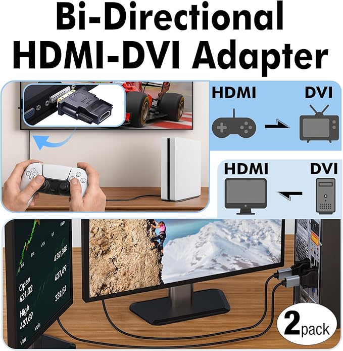 Cyberguys! DVI to HDMI Adapter, 2-Pack – Bi-Directional DVI-D Male to HDMI Female Converter – 4K/30Hz UHD Video Support for Monitor, HDTV, Projector, PC, PS4, Laptop – Gold-Plated Connectors