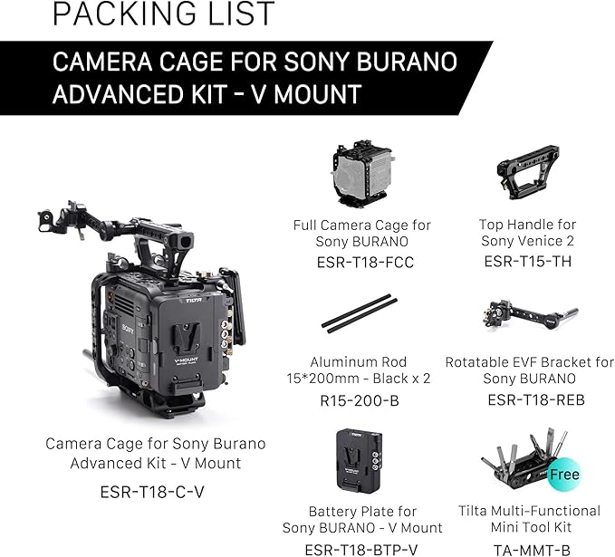 Tilta Camera Cage Compatible with Sony BURANO | Arri Rosettes, 1/4"-20 and 3/8"-16 Threads | w/Top Handle, Left/Right Side Arm, Battery Plate (Advanced Kit - V Mount)