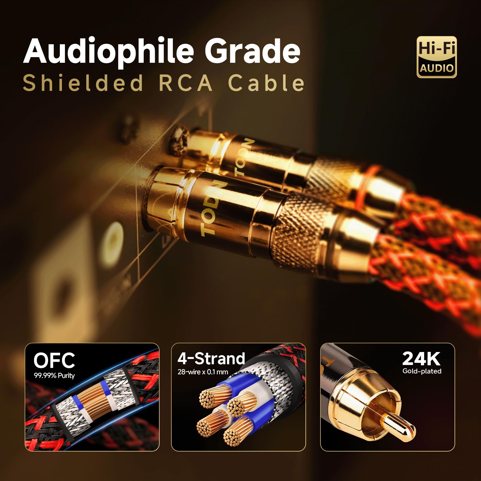 TODN 6.5ft Audiophile RCA Cables Shielded for HiFi Stereo Audio