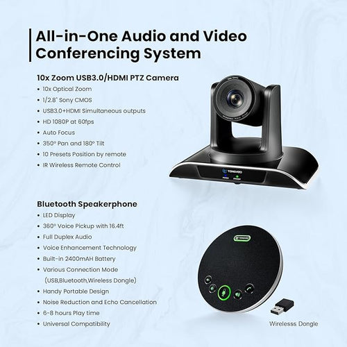 12x Zoom Conference Room Video Camera System, Al Auto-Tracking HD 1080P 60fps 12X Optical Zoom USB3.0 HDMI PTZ Camera 75° FOV and Bluetooth Conference Speaker with Microphones Bundle for Medium Room