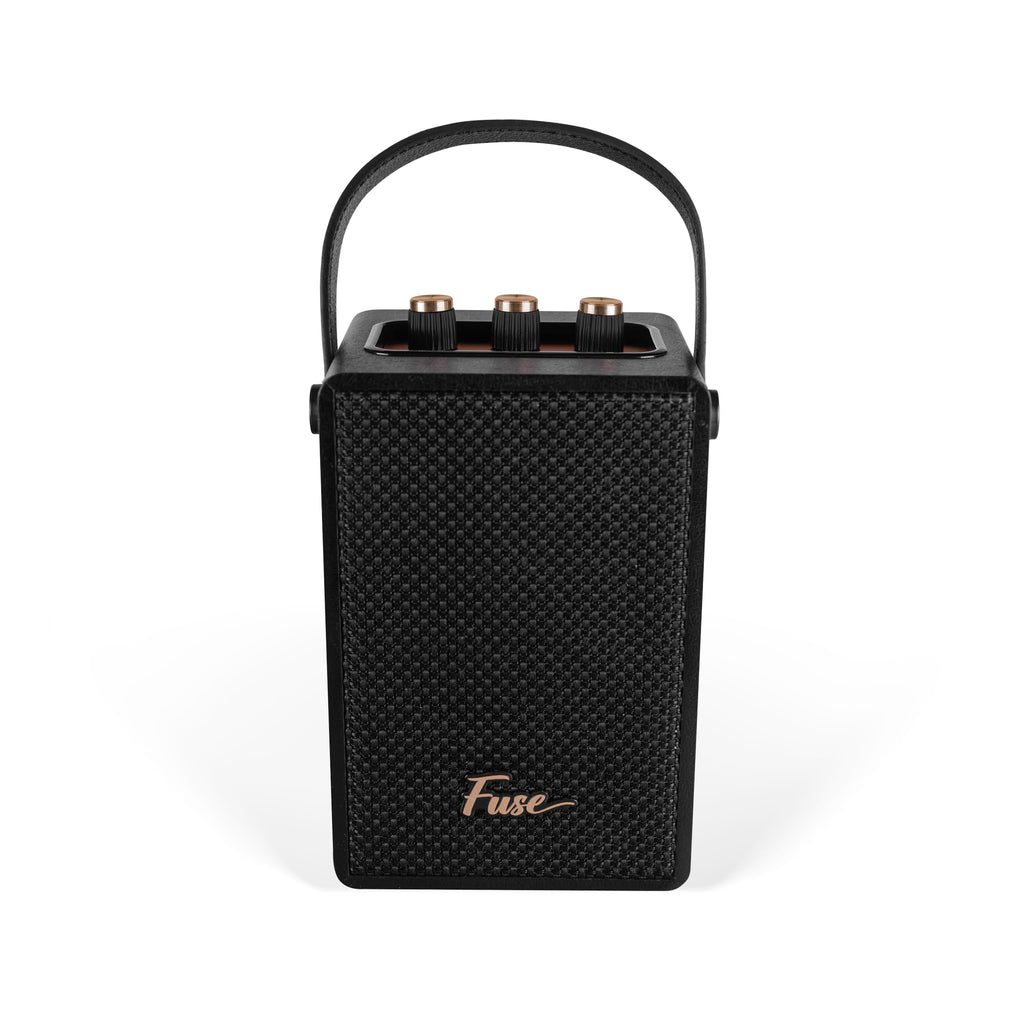 Fuse Andle Vintage Retro Bluetooth Speaker with Vegan Leather Handle | Portable Speaker with Smartphone Connection | USB & AUX Input | Stylish Black Wood Exterior