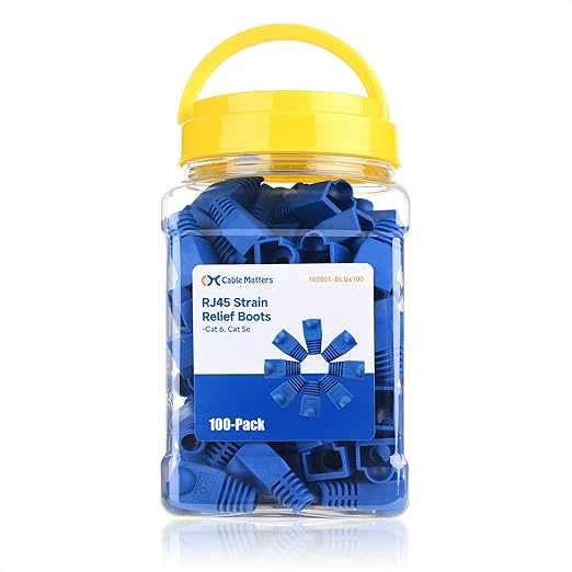 Cable Matters 100-Pack Cat6 / Cat5e RJ45 Strain Relief Boots, RJ45 Boot, Cat 6 Boot, Cat6 Ethernet Boots, Blue, Suitable for 6.5mm (0.25in) Ethernet Cables