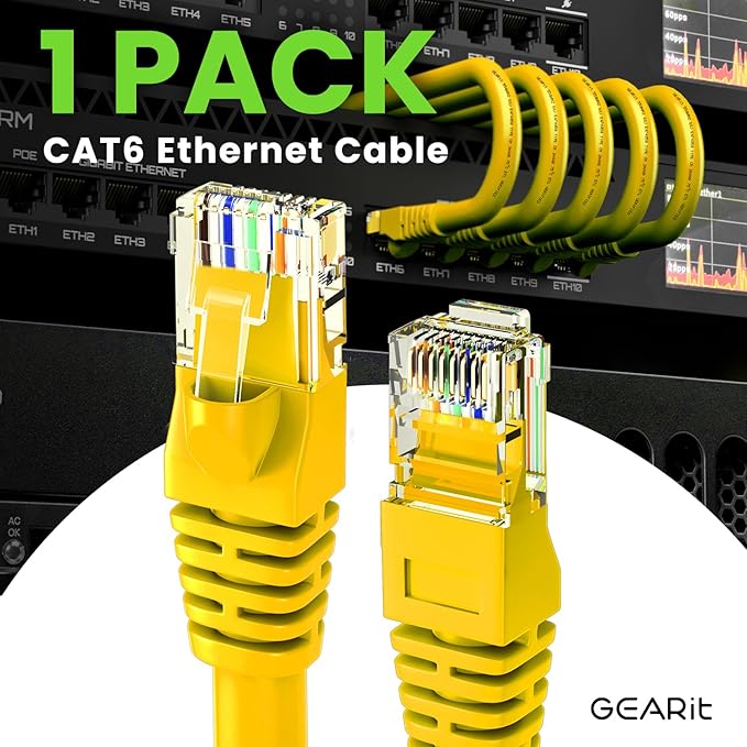 GEARit Cat 6 Ethernet Cable (1-Pack 100 Feet) Cat6 Network Patch, 10Gbps, RJ45, Snagless Cord, Gold-Plated Connectors, Internet for PC, TV, Tablet, Router, Printer, Servers, IT Data Center - Yellow