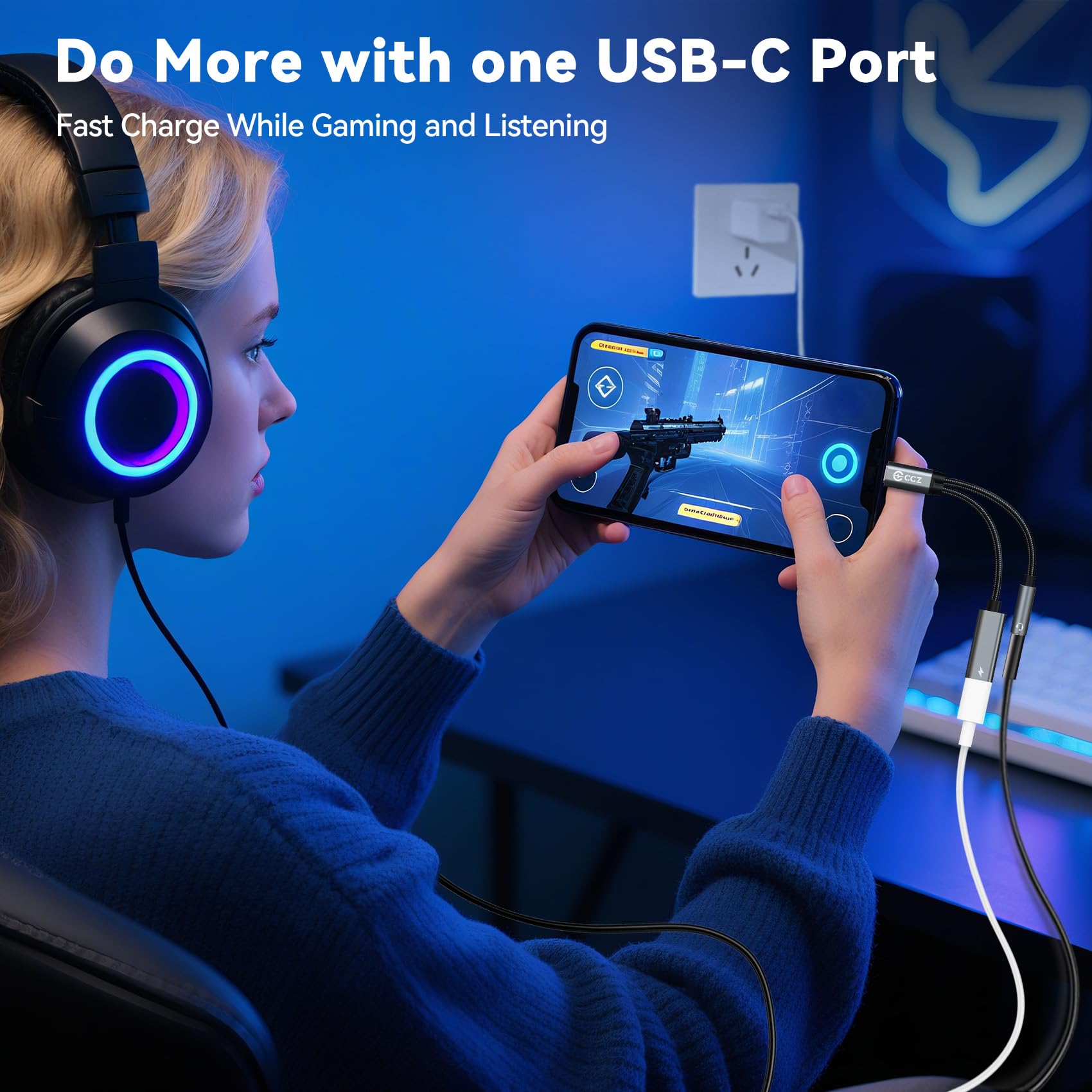 2PCS USB C Splitter for KZ ZS10 PRO, CCZ CA01 USB C to 3.5mm Audio Headphone and Charger Adapter, Type C Headphone Splitter 1 in 2 Out, Dongle Audio Cable DAC for Samsung Galaxy S25/S24 (USBC-3.5MM)