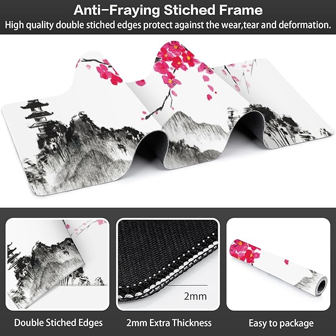 Chinese Ink Painting Desk Mat,Large Abstract Landscape Painting Gaming Keyboard Mouse Pad,Non-Slip Rubber Base Desk Pad Thick Stitched Edges Waterproof Mousepad Mouse Mat 31.5"x11.8"