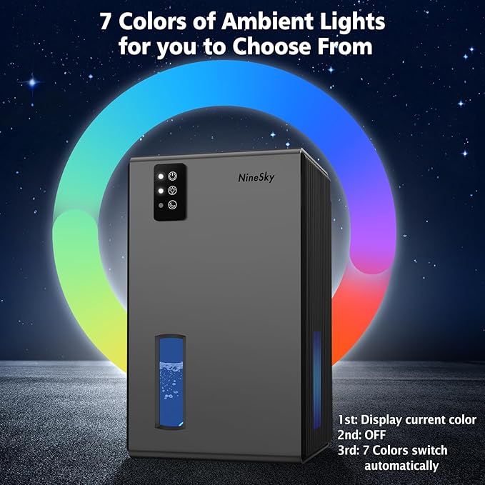 NineSky Dehumidifiers for Home, 95 OZ Water Tank, (1000 sq.ft) Dehumidifiers for Bathroom Bedroom Basement with Auto Shut Off,7 Colors LED Light(Gray)