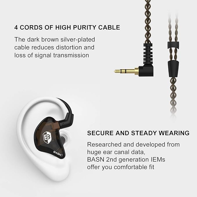 BASN in Ear Monitor Headphones for Musicians, Bsinger 2nd Generation Sound Isolating Earphones with Dual Dynamic Drivers Detachable MMCX Cable (Brown)…
